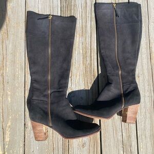 Cole Haan Davenport Tall Black Pebbled Nubuck Leather Stacked Block Heel Boots